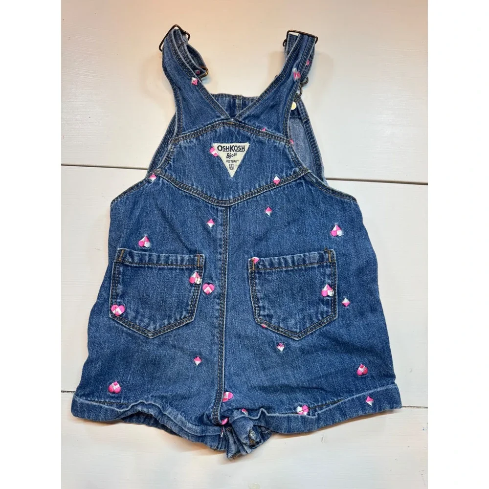 OshKosh Bgosh Girls Denim Heart Embroidered Shortalls Blue 24M